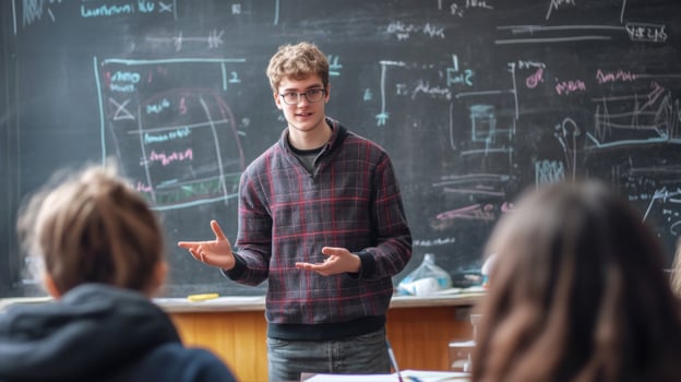 Young Man in Plaid Shirt Giving Presentation in Classroom photo