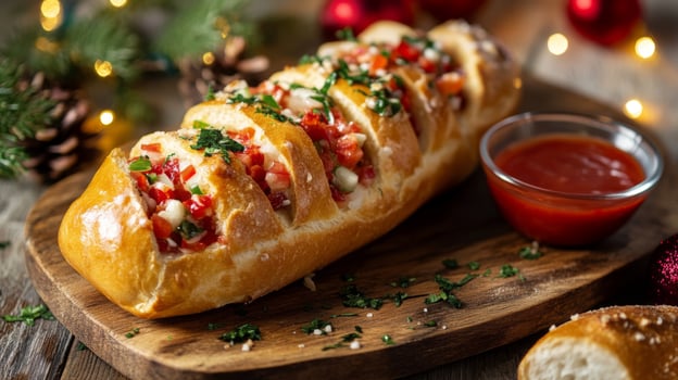 A Festive Bread Loaf Filled with Vegetables and Cheese photo