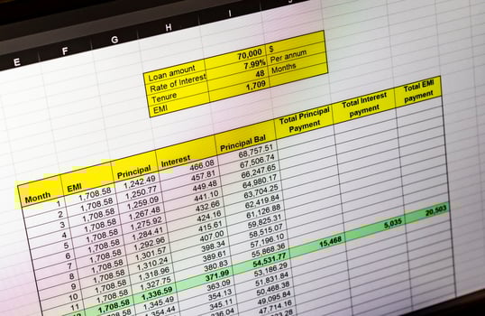 Shot of an dark mode excel sheet on computer screen showing bank loan amortization table. Banking photo