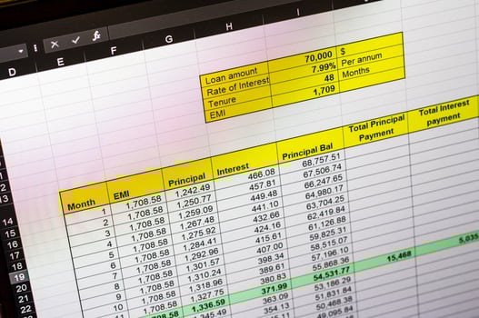 Shot of an dark mode excel sheet on computer screen showing bank loan amortization table. Banking photo