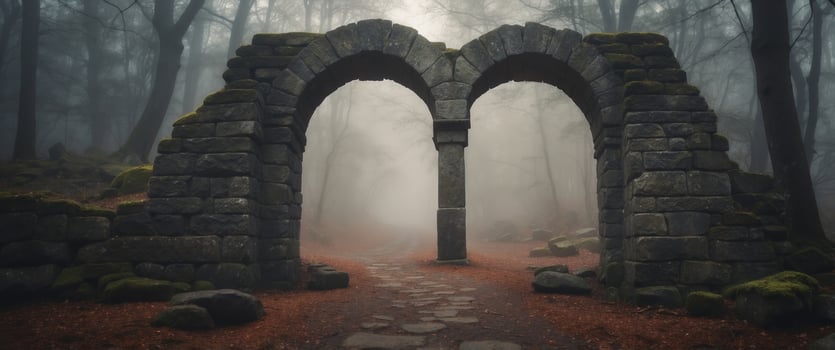 A stone archway in the middle of a forest photo