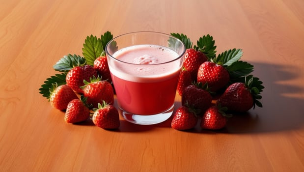 A glass of strawberry juice with strawberries on a wooden table photo
