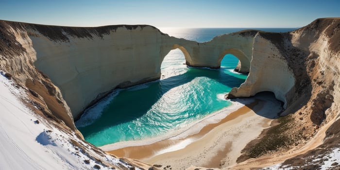 Aerial View of a Coastal Archway and Turquoise Water. photo