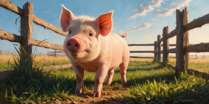 A painting of a pig standing in front of a fence photo