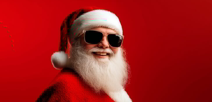 Portrait of cool Santa Claus wearing sunglasses over red background. photo