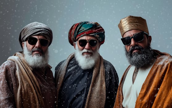 The three wise man wearing glasses on studio portrait. Merry Christmas advertisiment. photo