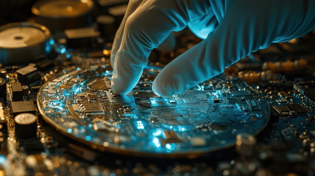 Gloved Hand Examining Illuminated Circuit Board, Technology and Innovation photo