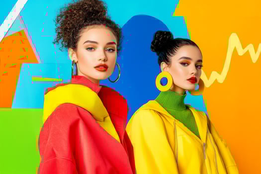 Two fashionable, diverse models in bold, oversized streetwear with vibrant colors and geometric backgrounds photo