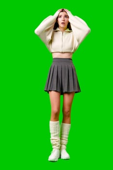 Young Woman Expressing Shock and Surprise Against a Green Screen Background photo