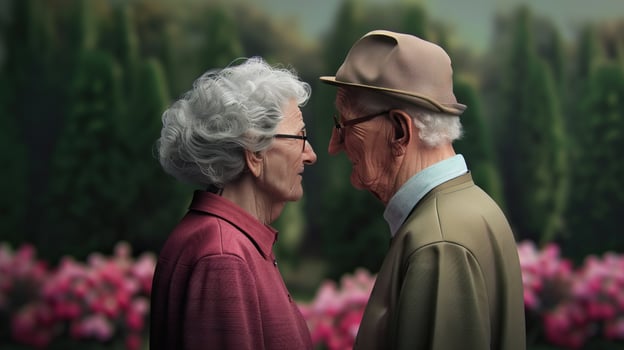 Elderly couple sharing a tender moment in a beautiful garden, surrounded by blooming flowers. photo