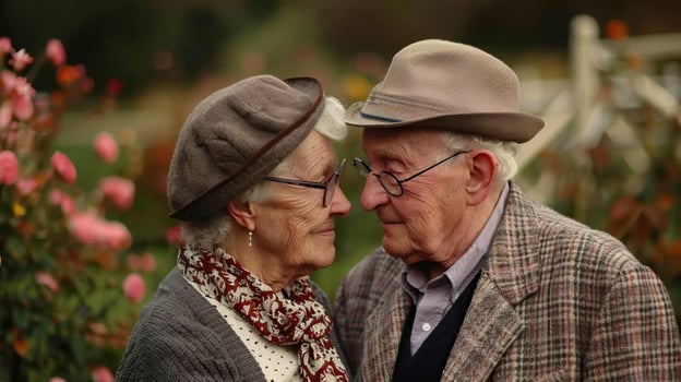 Elderly couple sharing a loving moment among blooming flowers in a garden. photo