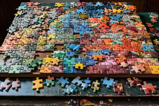 A Colorful Jigsaw Puzzle Partially Assembled on a Wooden Table photo