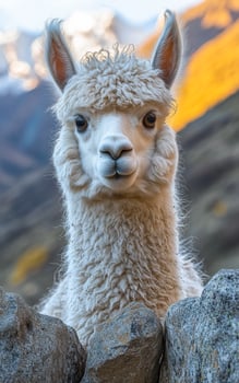 A baby llama is standing in front of a rock wall. The image has a calm and peaceful mood, as the llama is looking straight ahead and he is content photo