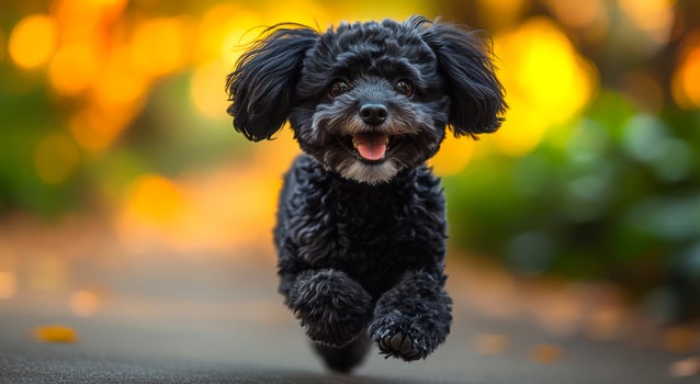 A black poodle is running on a sidewalk. The dog is happy and he is enjoying itself photo
