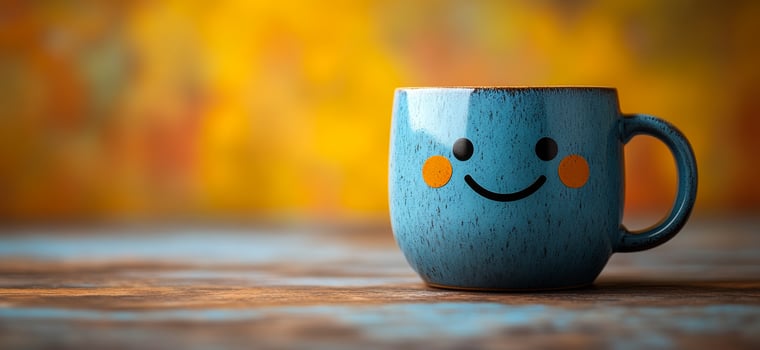 A smiling blue mug sits on a wooden table. The mug is decorated with a smiley face and is placed in the center of the table photo