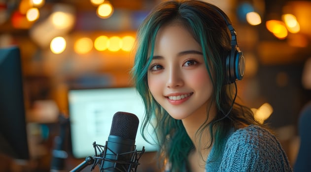 A woman with green hair is smiling and wearing headphones. She is in front of a microphone. Concept of happiness and positivity photo