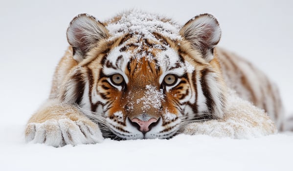 A tiger is laying in the snow with its eyes closed. The tiger is looking at the camera photo