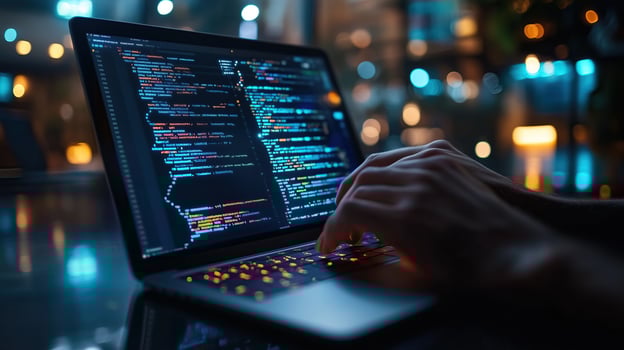 Person coding on a laptop with vibrant programming code on the screen photo