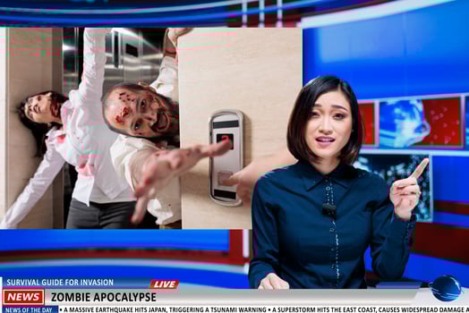 News reports about zombie attack. Media presenter talking about scary dangerous virus spreading around the population, infecting citizens and frightening the world. Breaking news. photo