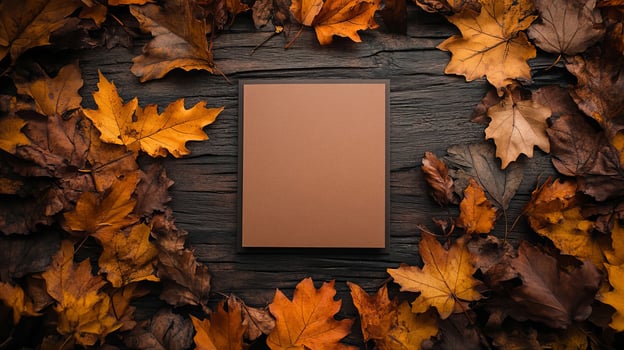 Autumn Leaves Frame with Blank Brown Paper Card on Rustic Wood Background photo