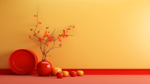 Red and Yellow Minimalist Still Life with Vase Apples and Flowers on Wall photo