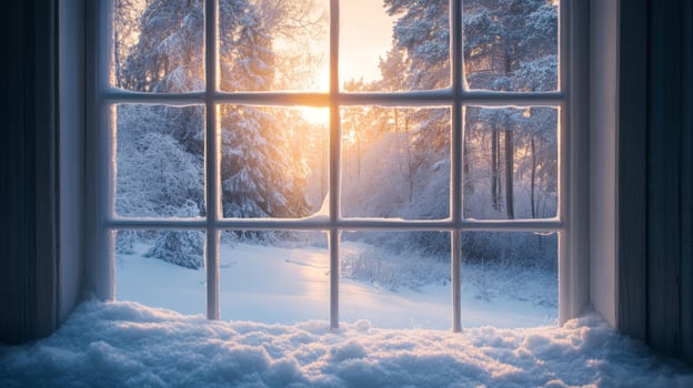 Window View of a Snow-Covered Forest at Sunset photo