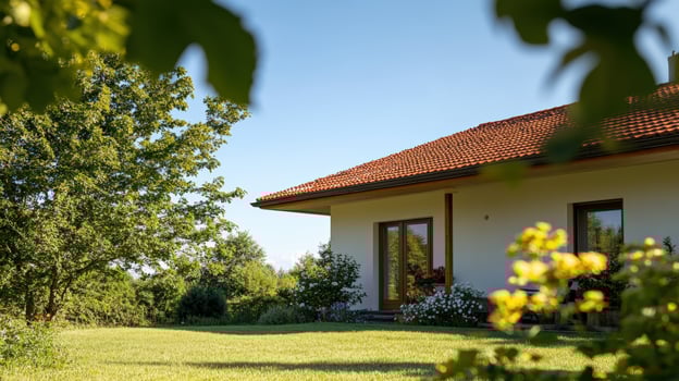 Beautiful house surrounded by greenery and flowers under a clear blue sky. photo