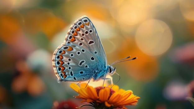 a blue butterfly sitting on top of a yellow flower photo