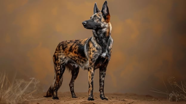 a brown and black dog standing on top of a dirt field photo