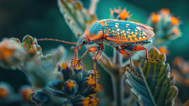 a colorful bug sitting on top of a green plant photo