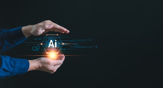 Ai technology background with copyspcae, Artificial Intelligence concept. Businessman using AI technology to generates something and analyze big data, Futuristic technology transformation photo