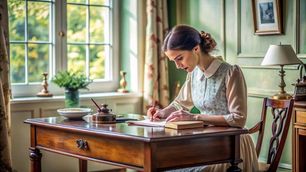 A woman in an old fashioned dress is writing on a piece of paper photo