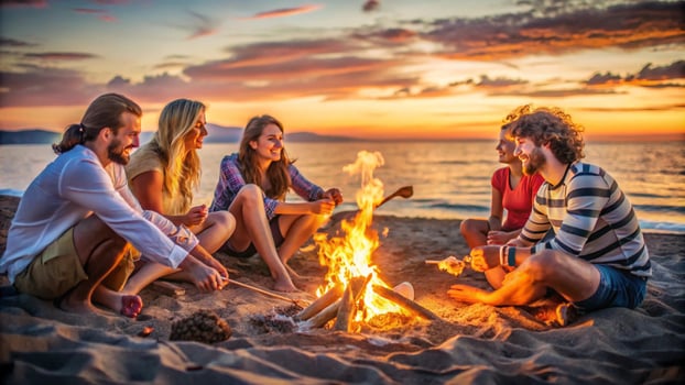 Friends enjoying the sunset on the beach with a bonfire photo