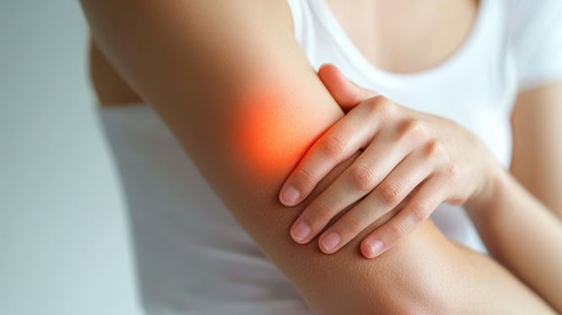 Woman Holding Her Elbow in Pain Closeup of Arm Medical Illustration photo