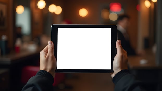Hands holding tablet with blank screen in cozy Christmas-themed environment photo