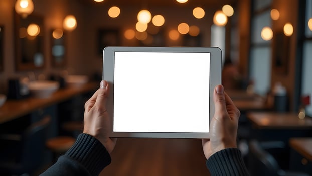 Hands holding tablet with blank screen in cozy Christmas-themed environment photo