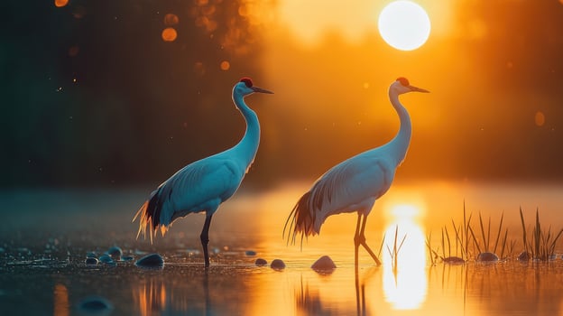 Two whooping cranes standing on rocks at sunset photo