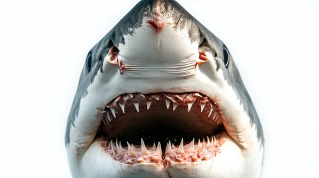 A close-up view of a great white shark showcasing sharp teeth against a neutral background photo