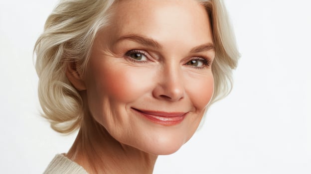 A confident woman with blonde hair poses gracefully against a simple light background photo