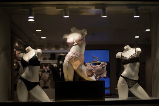 Mannequins in underwear. Storefront. Inside clothing store. photo