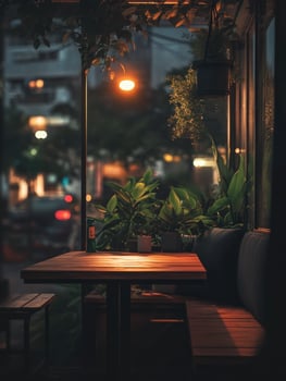 Cozy empty restaurant with plants and warm lighting during the evening photo