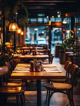 Empty cozy restaurant ready for diners in the evening light photo