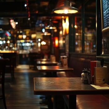Cozy empty restaurant with intimate lighting and rustic decor at night photo