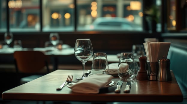 A table with empty wine glasses and silverware photo