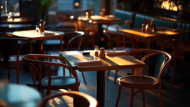 Cozy, empty restaurant with warm lighting inviting guests for dinner photo