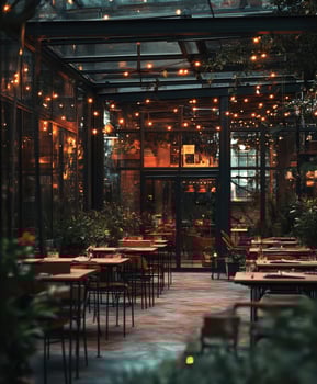 Cozy and empty restaurant with outdoor seating and warm lights at dusk photo