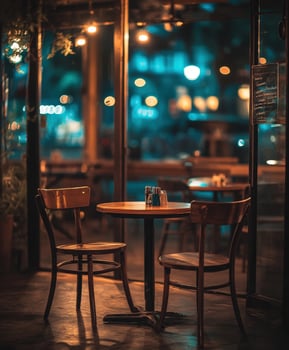 Cozy empty restaurant interior with dim lighting and wooden tables photo