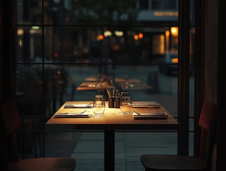 Cozy nighttime restaurant with lit table and window view photo