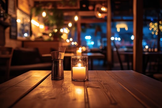 Cozy empty restaurant setting with candlelight and warm ambiance at dusk photo