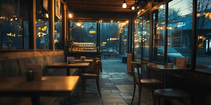 Empty cozy restaurant at dusk with warm lighting and inviting atmosphere photo